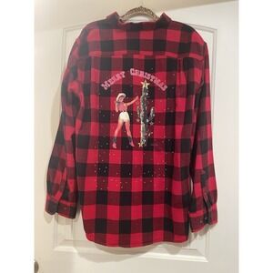 Merry Christmas Flannel Button Up Shirt Womens Size Large Western Red Plaid